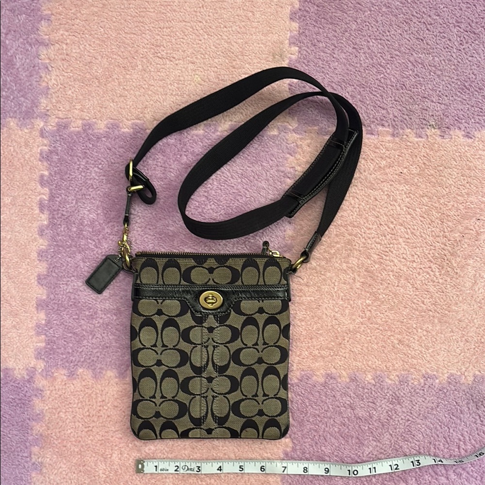 Coach Black and Tan Crossbody Bag with Monogram Design